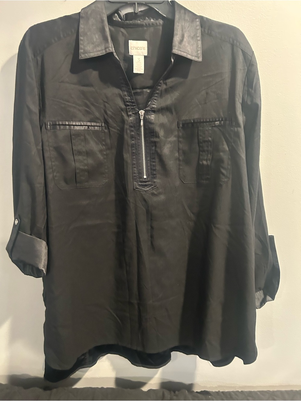 Chico's Black Zip-Front Tunic Blouse